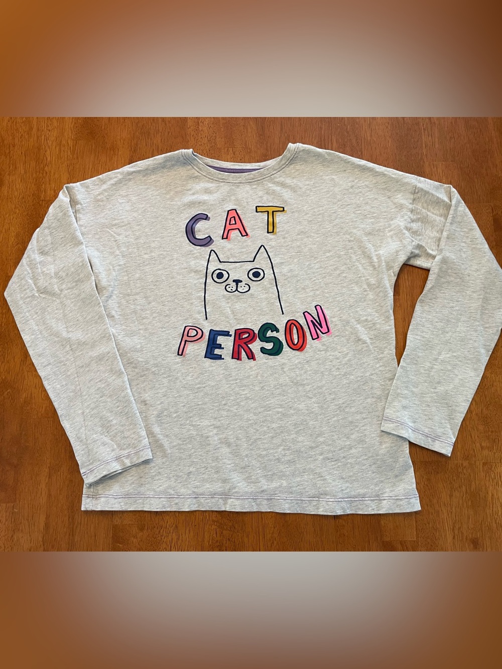 Mini Boden Light Gray "Cat Person" Graphic Pullover with Multicolor Lettering
